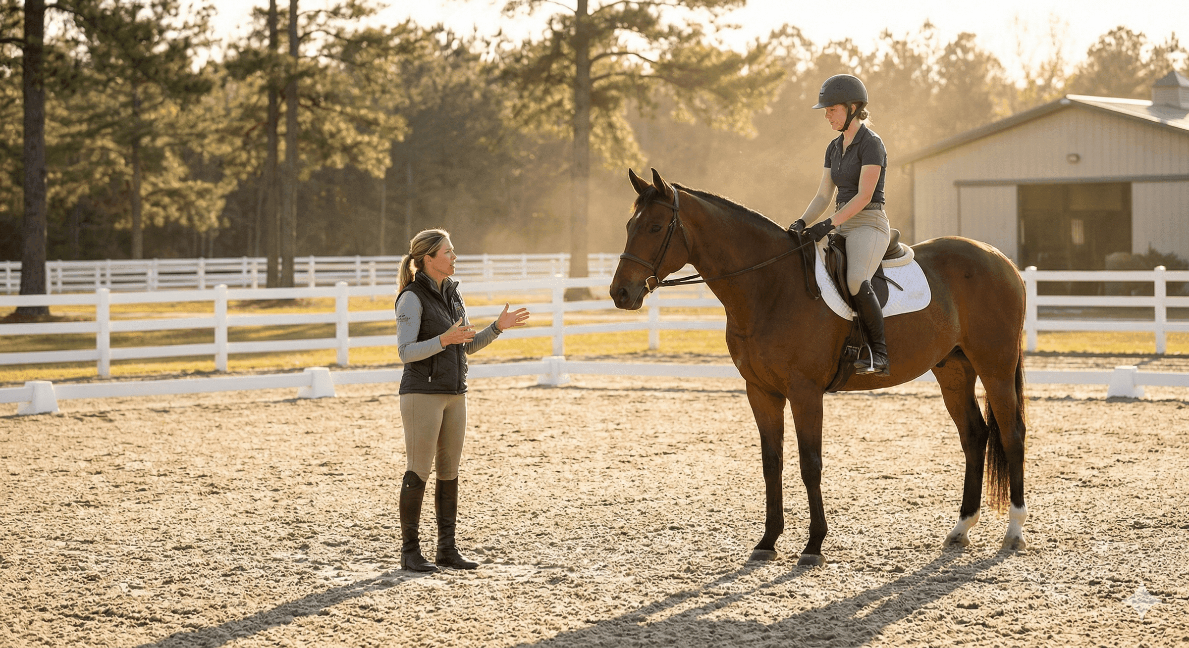 Owner training alongside professional at Menden Equestrian